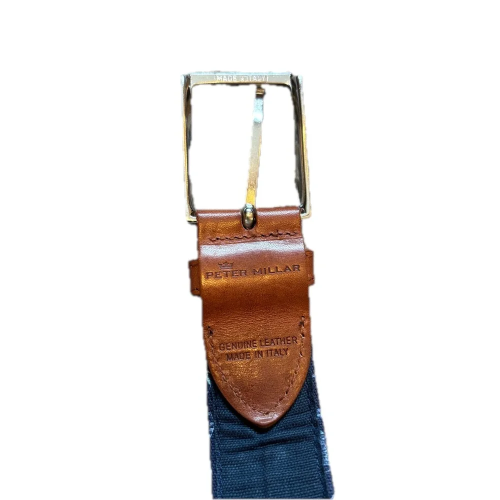 Peter Millar Mens 38 Belt Navy Canvas Western Print Leather Trim Made in Italy